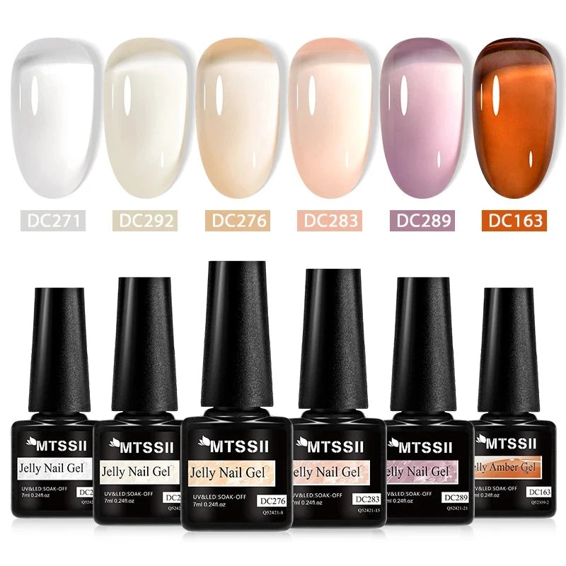 MTSSII 6Pcs/Set Jelly Gel Nail Polish Jelly Transparent Pink Green Black Blue UV Gel Nail Art Varnish Kit Spring Manicure Nails