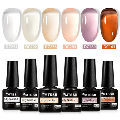 MTSSII 6Pcs/Set Jelly Gel Nail Polish Jelly Transparent Pink Green Black Blue UV Gel Nail Art Varnish Kit Spring Manicure Nails
