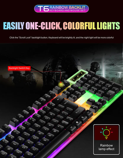 Colorful LED Backlit USB Keyboard and Mouse Combo, Comfortable Grip, Durable and Wear-Resistant. Suitable for Business, Office,