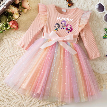 K-Pop Hunters Zoey Mira Rumi Colorful Princess Dress for Kids Girls Casual Long Sleeve Sequin Mesh Dresses Party Gift 1-5Y