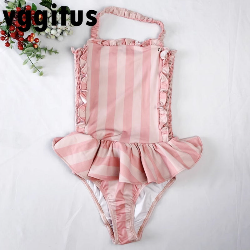 New Summer Kids Girl One Pieces Swimwear Sling Sleeveless Pink Striped Swimsuit Halter Swimming Suit Children Bikini H6852