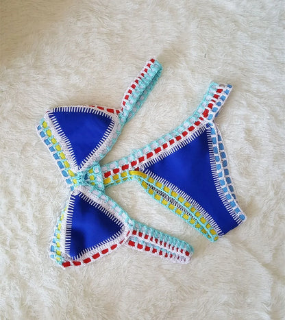 Bikini Crochet 2025 Handmade Knit Patchwork Reversible 2 Piece Swimsuit Women Halter Top Brazilian Bathing Suit Thong Swimwear