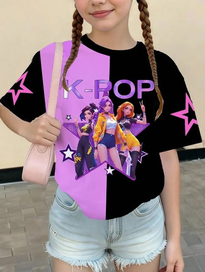 Kpop Cartoon Graphic Girls T-Shirt Casual Round-Neck T-Shirt Suitable for Girls Kids Gift Short Sleeve Tops Children's Clothing