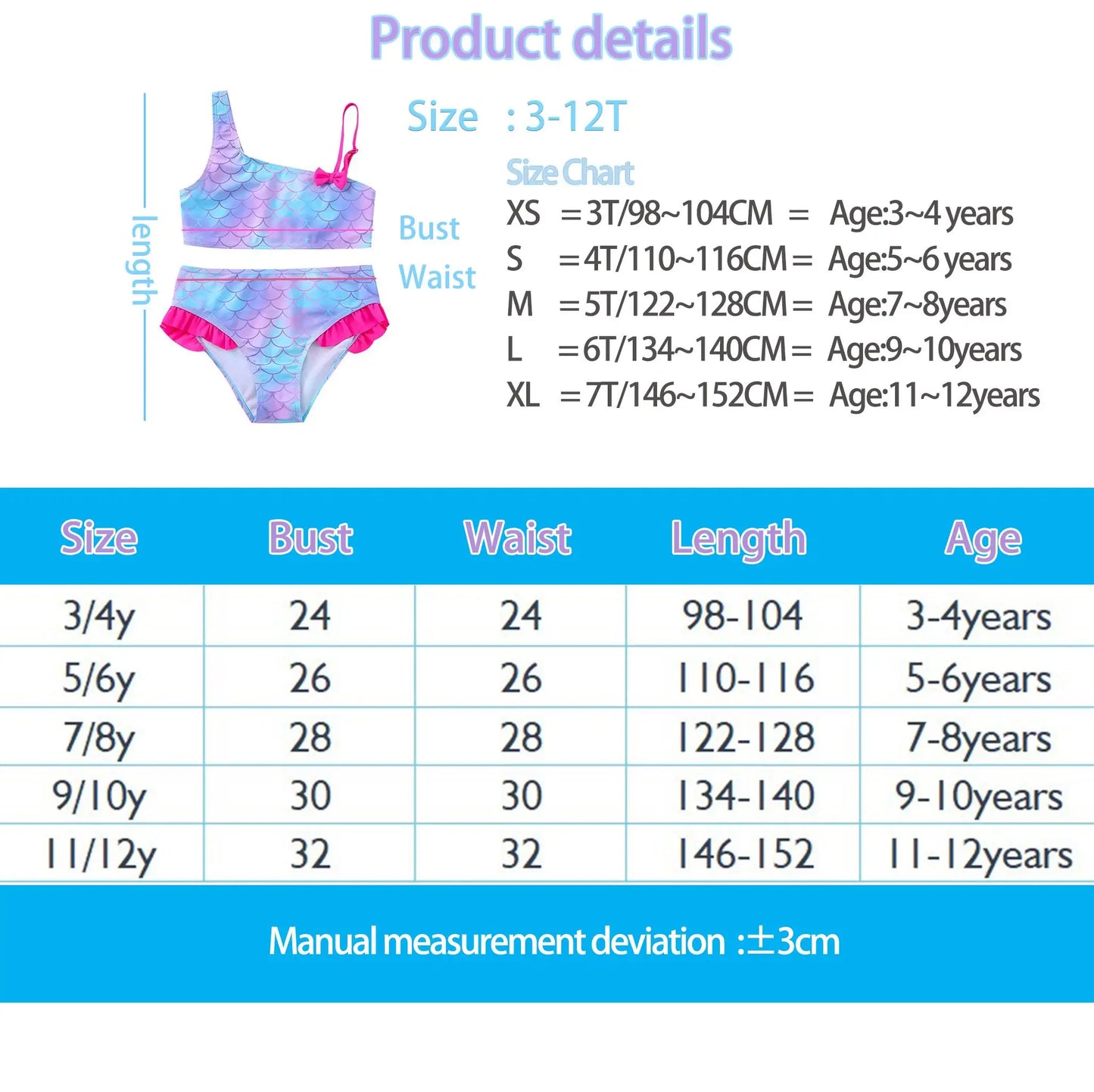 Girls' "Nature Love" Bikini Set: Mermaid Scale Pattern with Chibi Fox & Asymmetric Ruffles