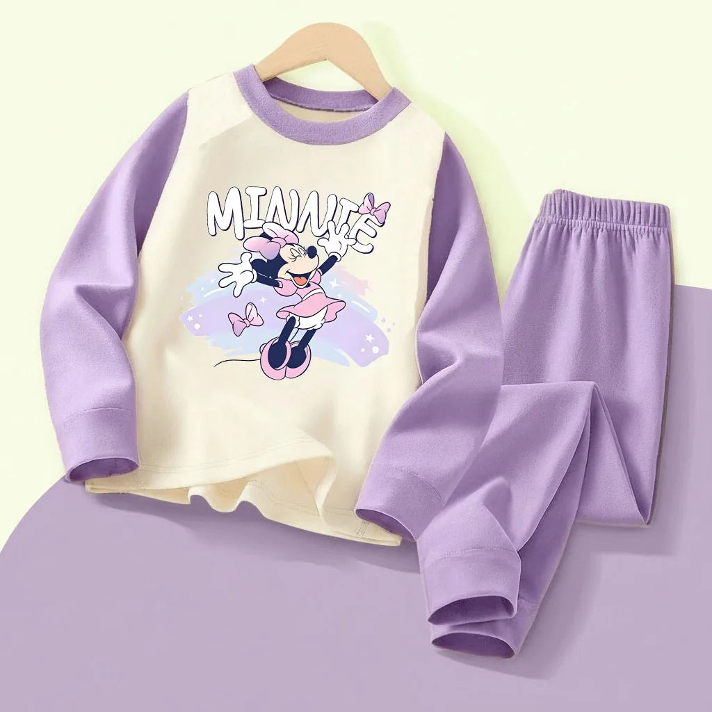 DISNEY MINNIE Printed Girls Casual Spliced Sleepwears Sets Autumn Winter Kids Comfy Soft Home Clothing Set Child Pijamas 0-10Y