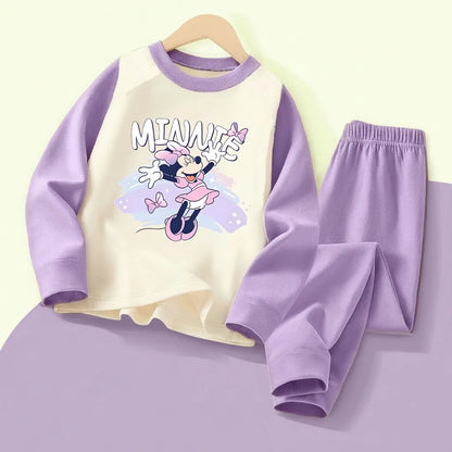 DISNEY MINNIE Printed Girls Casual Spliced Sleepwears Sets Autumn Winter Kids Comfy Soft Home Clothing Set Child Pijamas 0-10Y