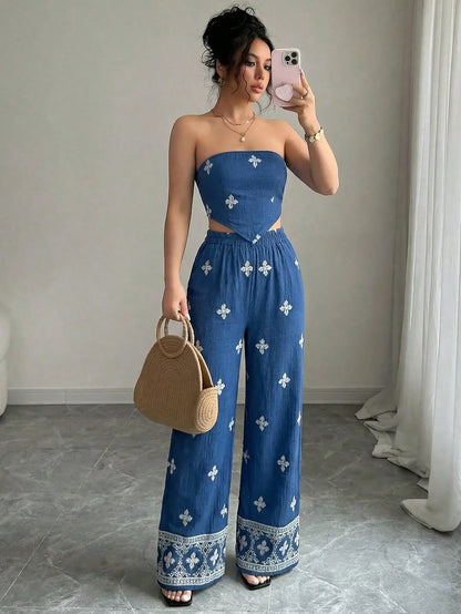 2pcs Set Halter Tie Bow Crop Top And Wide Leg Printed Pants For Women