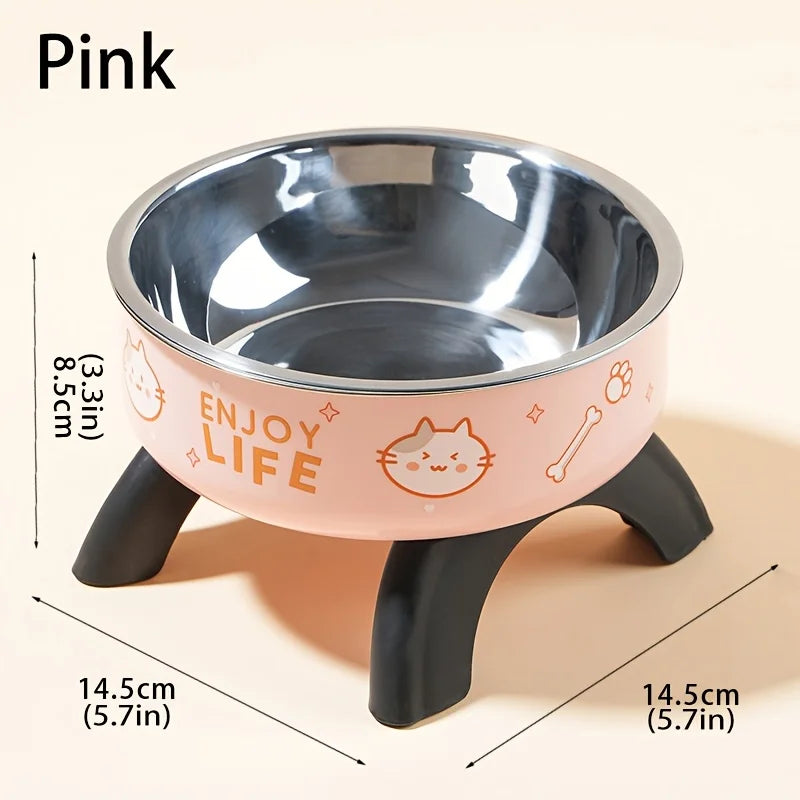 Stainless Steel Non-Slip Pet Bowl with Cute Pattern - Elevated, Spill-Proof Design for Small Dogs&Cats Neck Care Tall Cat Bowl