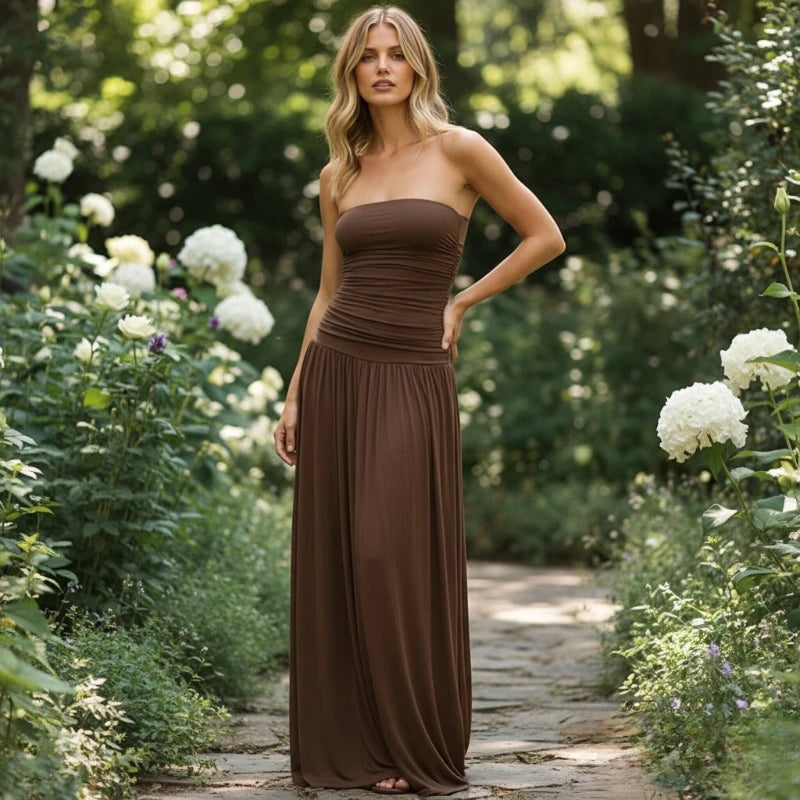 2026 Summer Fashion Solid Color Strapless Strapless Sleeveless Lady Long Dress New Elegant Sexy Slimming Pleated Women's Dresses