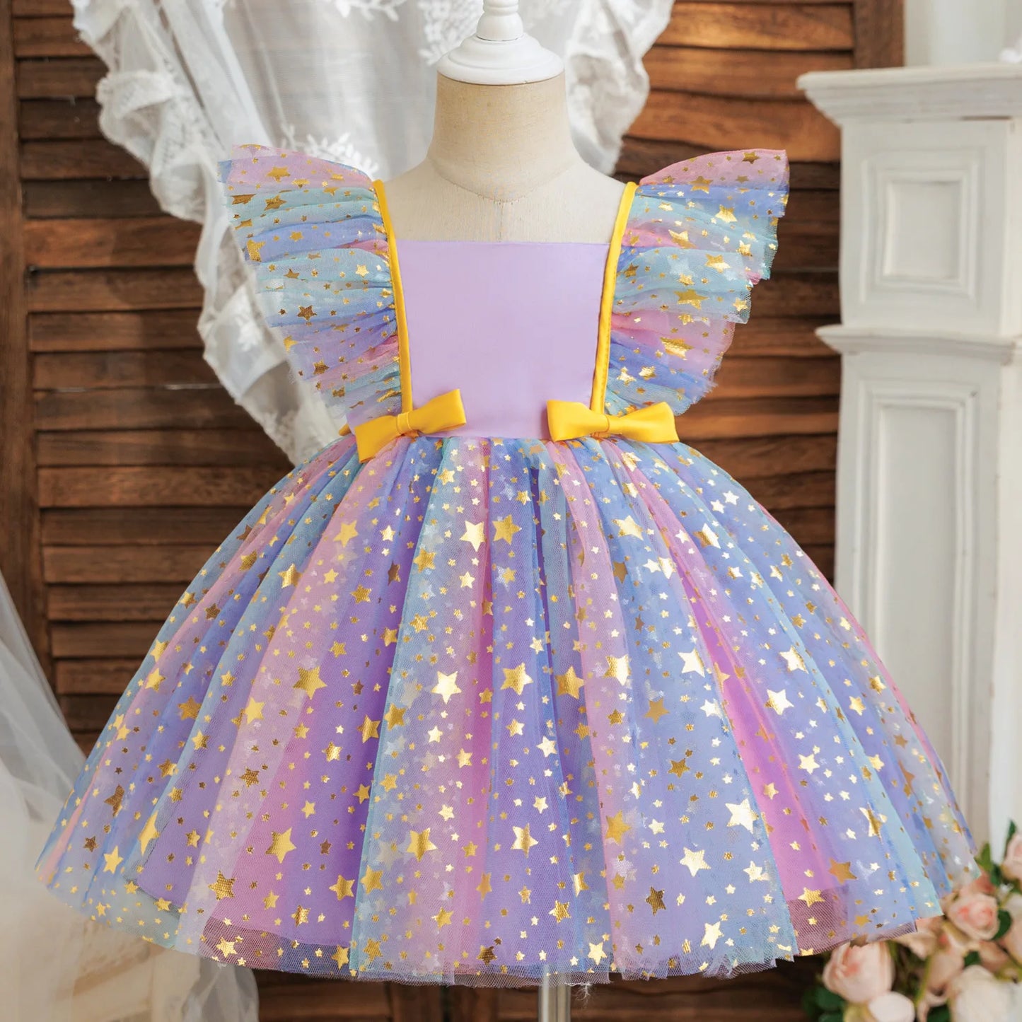 Girls' K-Pop HUNTRX "Holiday Star" Tutu Dress: Rainbow Tulle Gown with Gold Sequins & Ruffle Wings