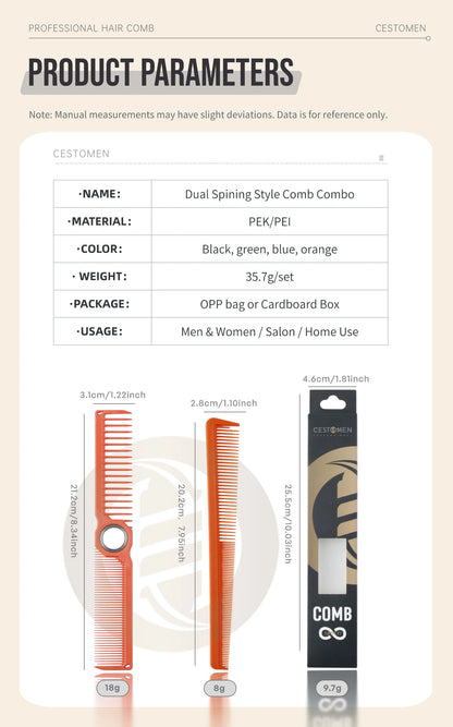 2Pcs NEW Professional Barber Dual Spining Comb Wide and Fine Tooth Cutting Comb Taper Comb for Salon Hairdressing Accessories