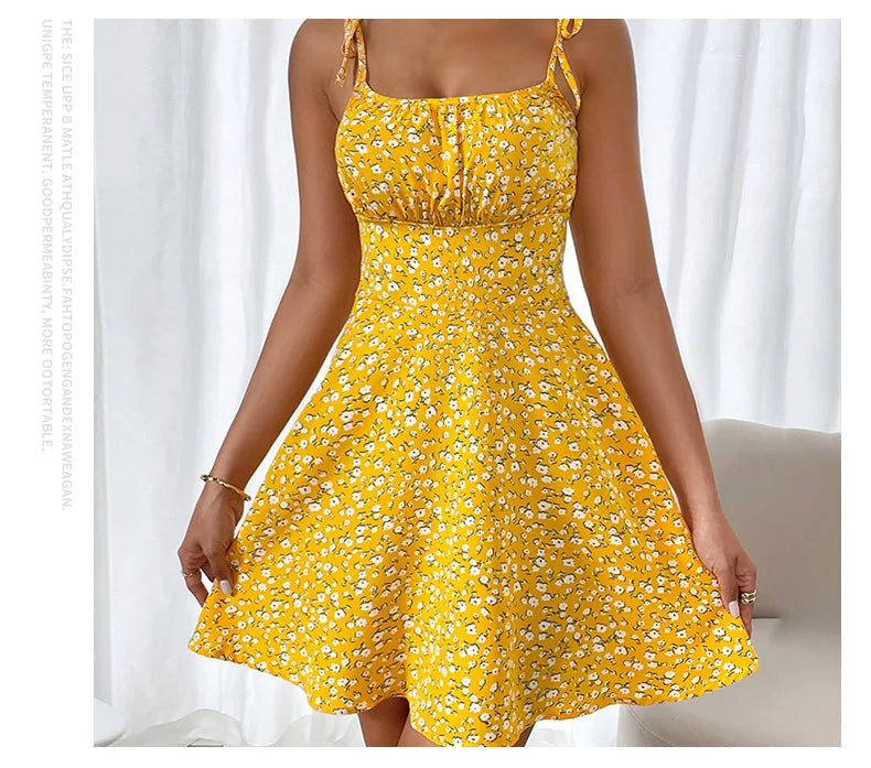 French Style Floral Summer Mini Dress: Sleeveless Camisole with Tie Straps