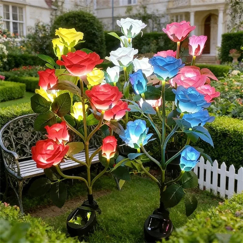 Simulation 5 Heads Rose Lamp Solar LED Lawn Lamp Decor Garden Wedding Parterre Party Camping Outdoor Yard Patio Ground Lights