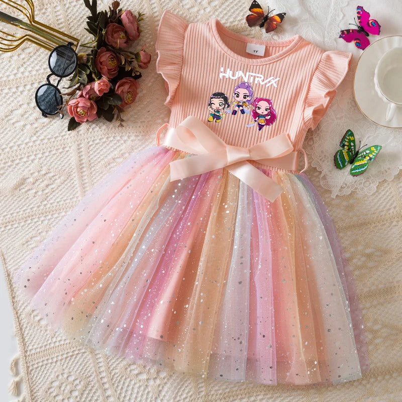 Girls' HUNTRX Rainbow Tulle Princess Dress: Sequin Star & Chibi Idol Party Gown