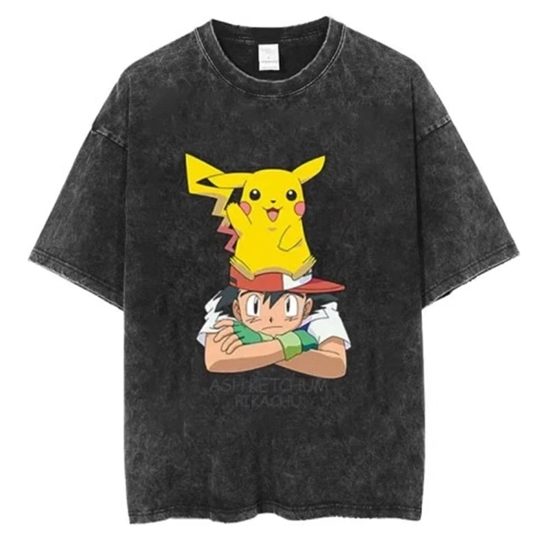 Pokemon Anime Retro Washed T-shirt Cotton Men's and Women's Summer New Item Plus Size T-shirt Y2K Loose Casual Short Sleeved Top
