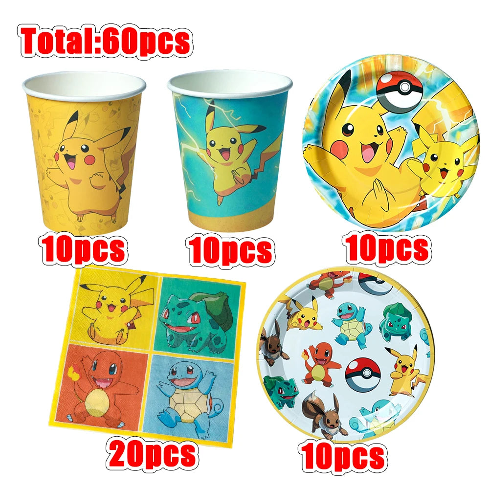 60pcs Pokemon Tableware Pikachu Birthday Decoration Disposable Cups Plates Napkins Happy Birthday Baby Shower Supplies Toys ﻿