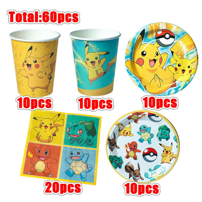 60pcs Pokemon Tableware Pikachu Birthday Decoration Disposable Cups Plates Napkins Happy Birthday Baby Shower Supplies Toys ﻿