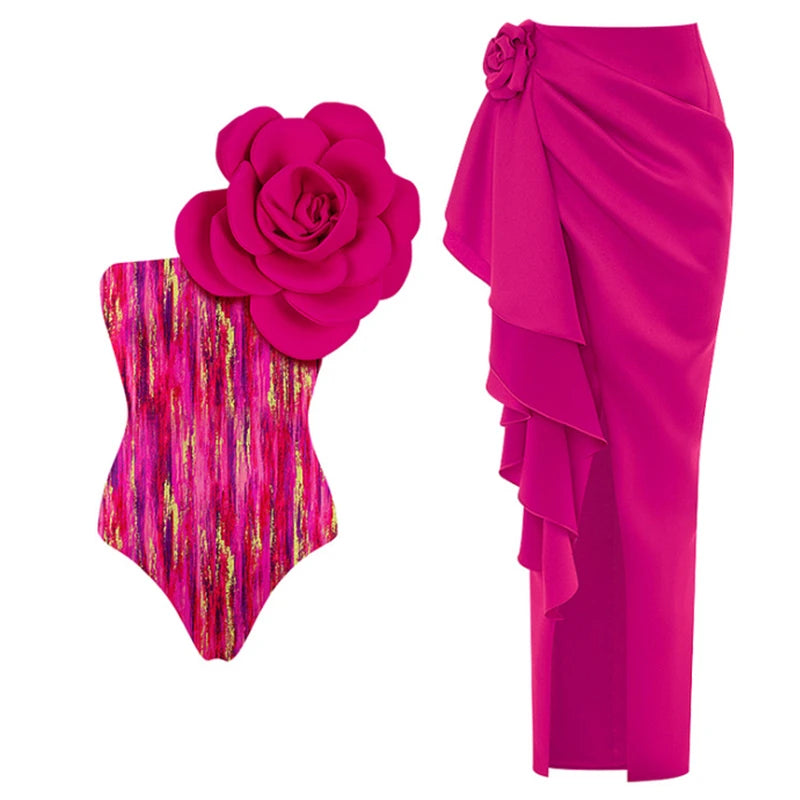 2024 Sexy Women's Swimsuit with Skirt One-Piece Swimwear Vintage Ruffle V Neck Cover Up Bikinis Set Beachwear Bathing Suit