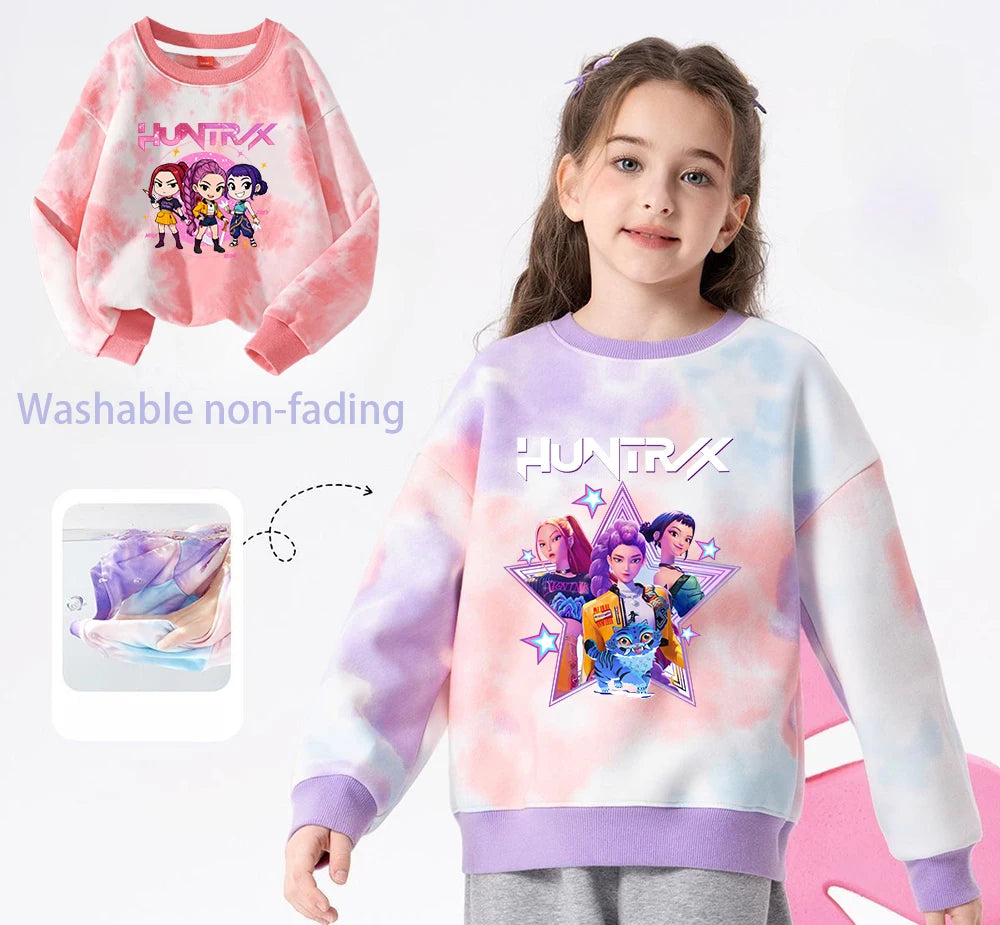 K-Pop Hunters Zoey Mira Rumi Tie-dyed Sweatshirt for Girl Pullover Crew Neck Child Sportwear Long Sleeve Cartoon Kids Tops