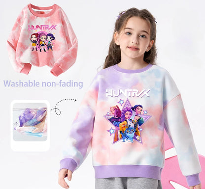 K-Pop Hunters Zoey Mira Rumi Tie-dyed Sweatshirt for Girl Pullover Crew Neck Child Sportwear Long Sleeve Cartoon Kids Tops