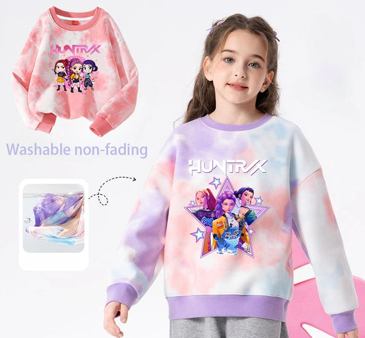 K-Pop Hunters Zoey Mira Rumi Tie-dyed Sweatshirt for Girl Pullover Crew Neck Child Sportwear Long Sleeve Cartoon Kids Tops