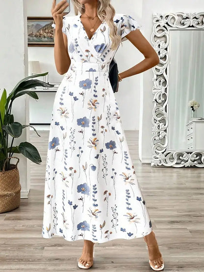 Women's V-Neck Leaf Floral Print Long Dress, A-Line Waist Cinched Dress For Summer Women Summer Clothing