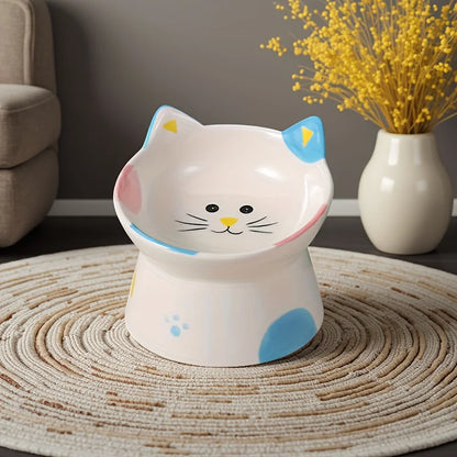1PC Elevated Cat Food Dish, Ceramic, Raised Feeding Station, Shallow for Whiskers, Dishwasher Safe