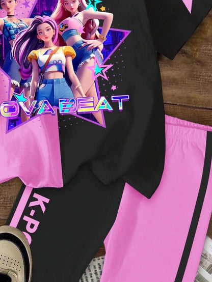 Girls' Nova Beat K-Pop Split-Design Set: Star Graphic Tee & Biker Shorts 2-Piece Outfit