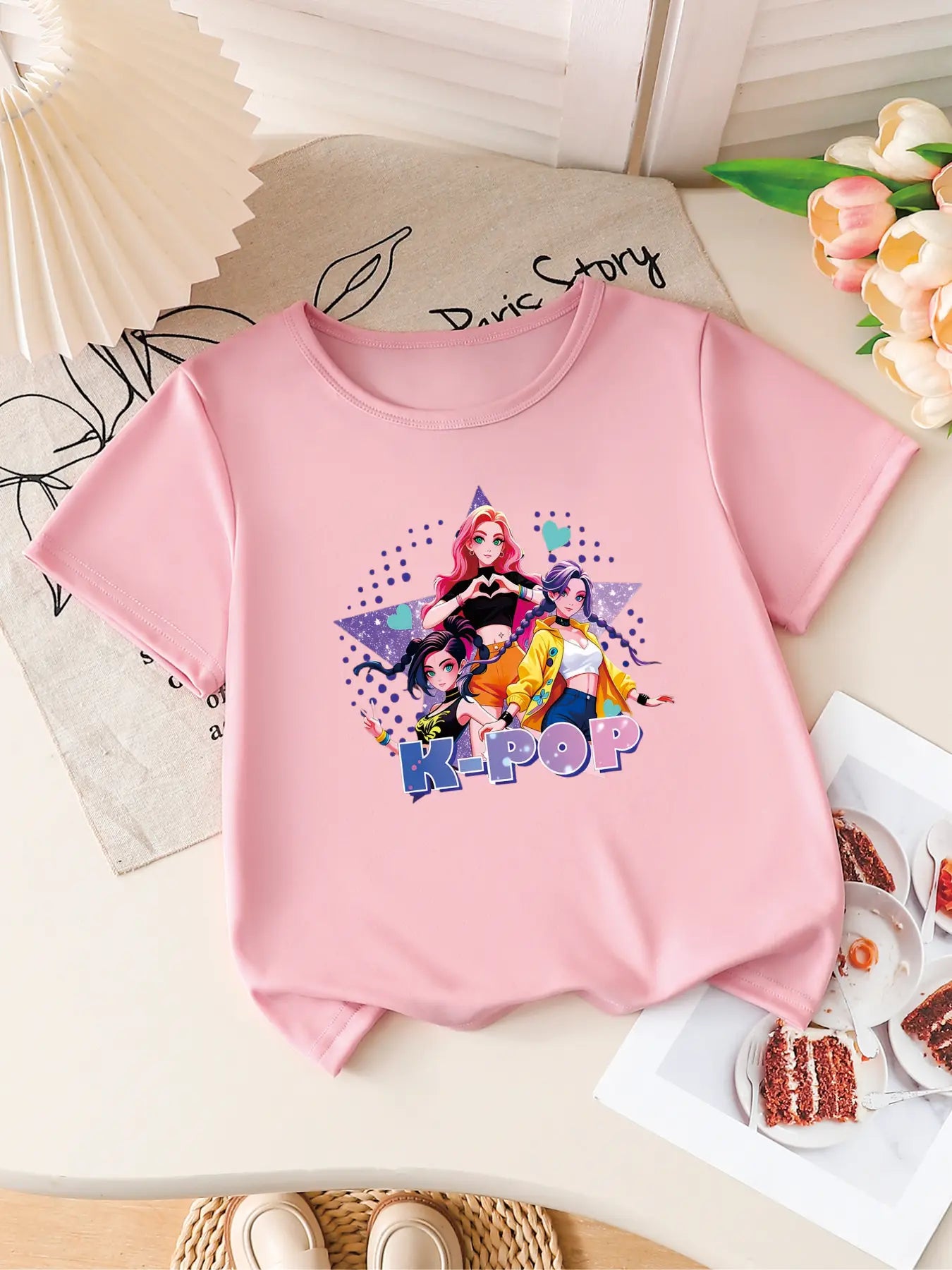 Girls K-POP Anime Print Short Sleeve T-Shirt Cute Cartoon Graphic Tee Kids Summer Casual Top