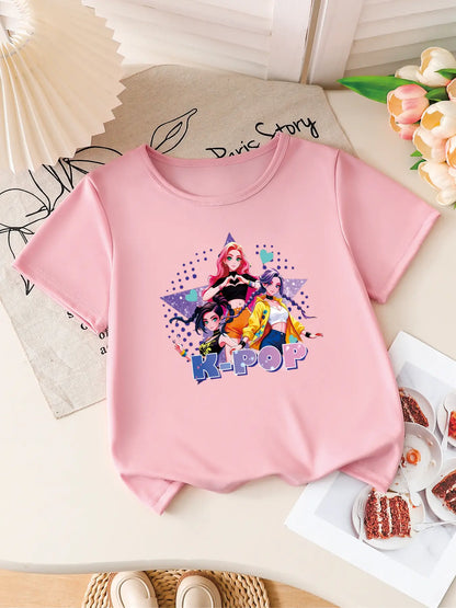 Girls K-POP Anime Print Short Sleeve T-Shirt Cute Cartoon Graphic Tee Kids Summer Casual Top