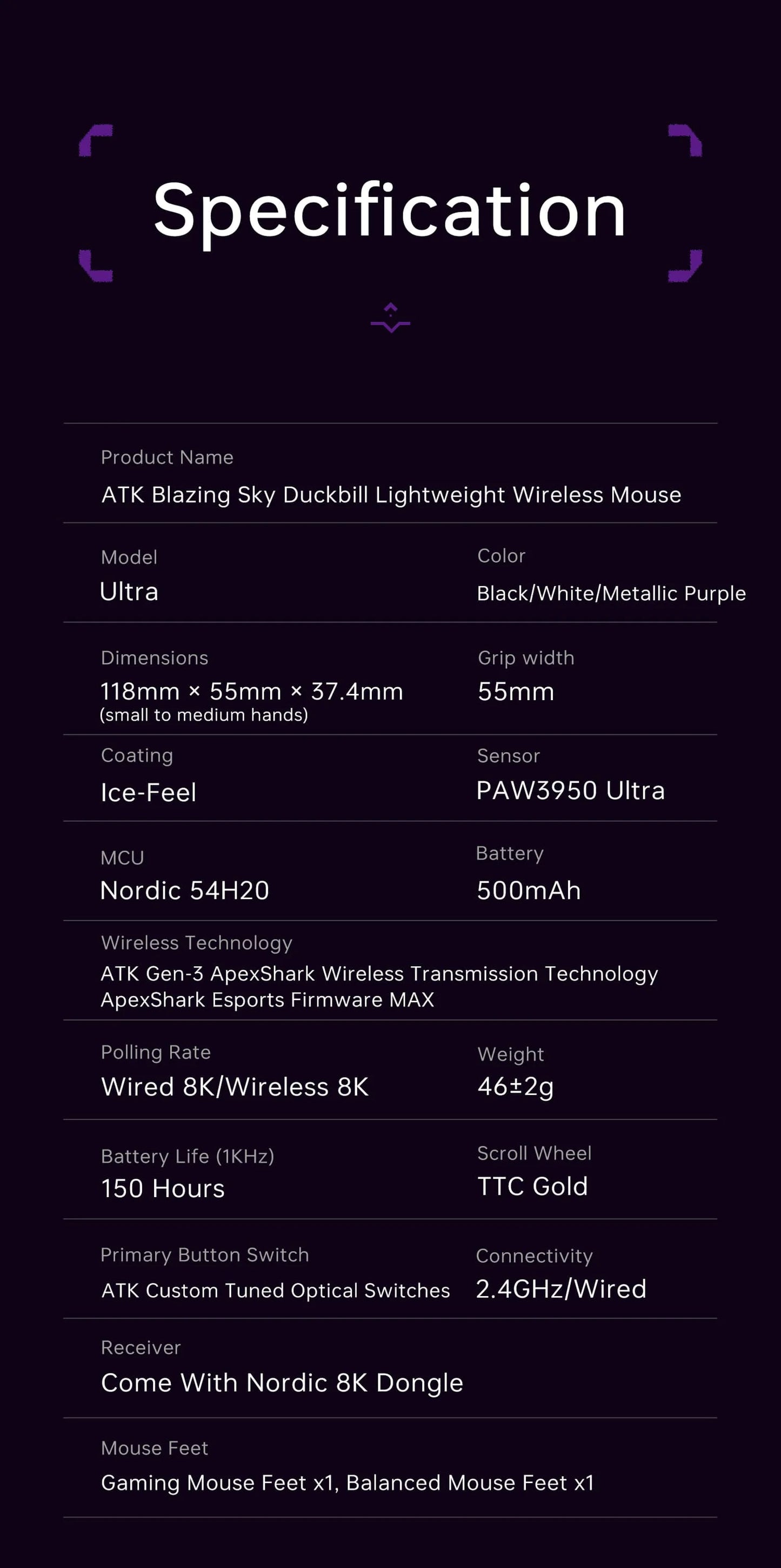 ATK Blazing Sky DUCKBILL Ultra Mouse 2.4G Dual Mode Wireless Mouse Paw3950Ultra Sensor 8000Hz 46g Lightweight Gaming Mice