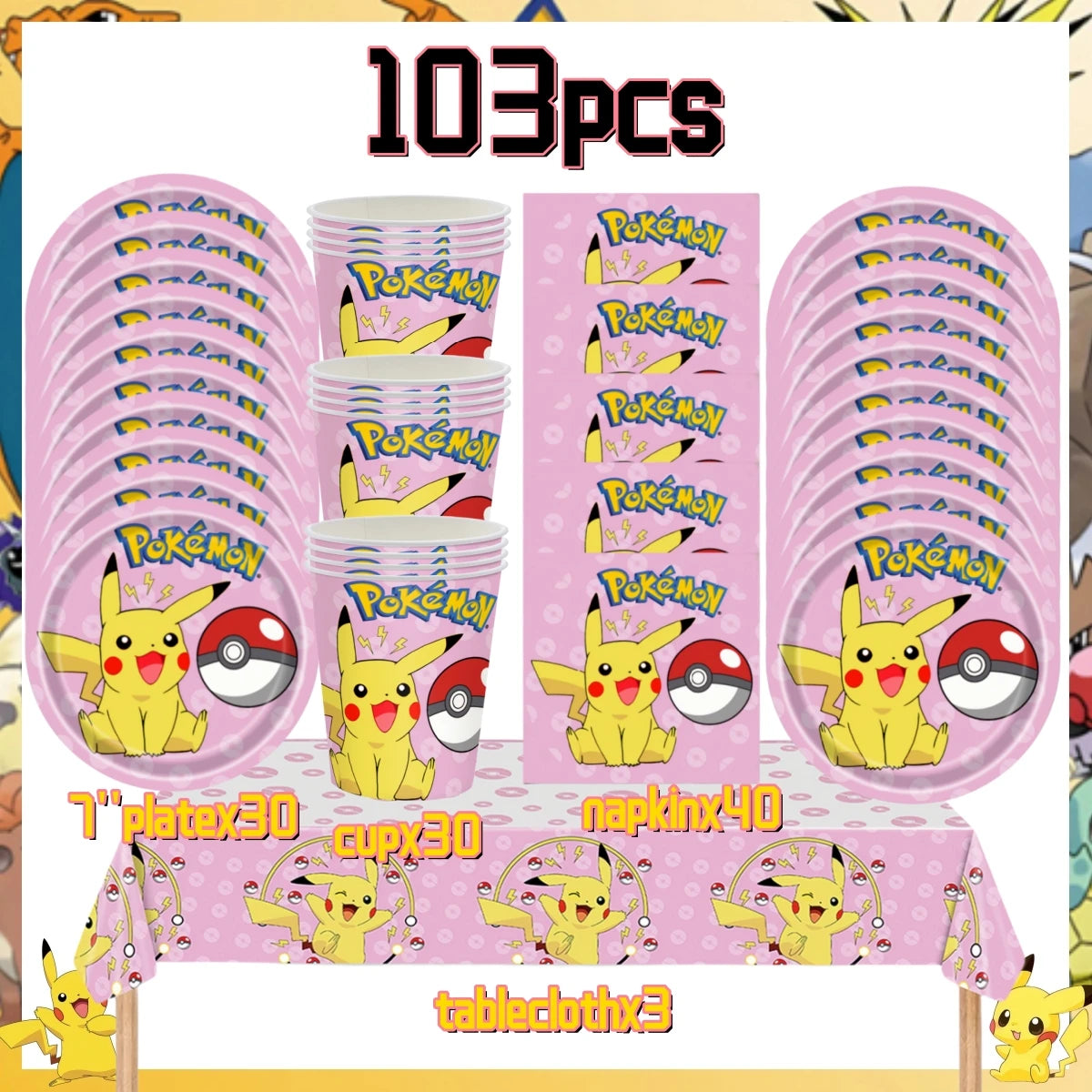 Pink Pokemon Birthday Party Decoration Disposable Tableware Set Pikachu Tablecloth Cup Plate Baby Shower Kids Diy Party Supplies
