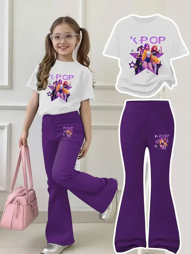 Girls' K-Pop "Starry Stage" Outfit: White Graphic Tee & Deep Purple Flared Pants Set
