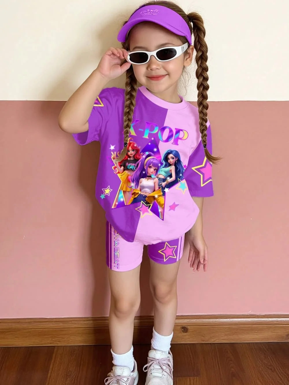 Kpop Cartoon Graphic New T-Shirt and Pants Set Girls' Summer Clothing Cute Short Sleeve Set Children's T-Shirt and Shorts Set