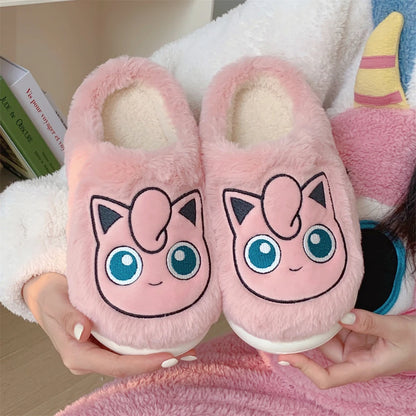 Pokemon Anime Couple Slippers Cute Pikachu Eevee Cartoon Cotton Home Shoes for Men And Women with Velvet Insulation Winter Gifts