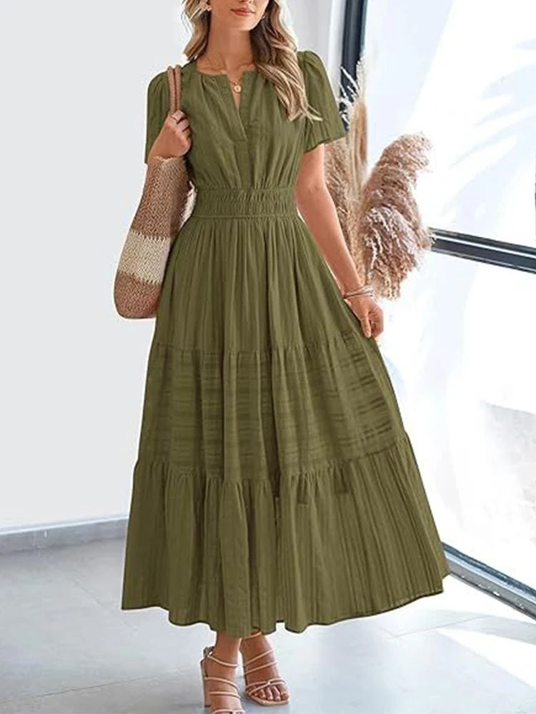 V-Neck Tiered Boho Midi Dress: Bubble Sleeve Smocked Waist Summer Gown