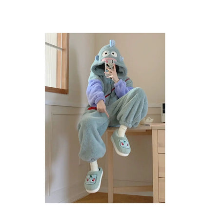 Pokémon Genuine Bulbasaur Indoor Fall and Winter Plus Velvet Warm Soft-soled Comfortable Cotton Slippers for Men and Women