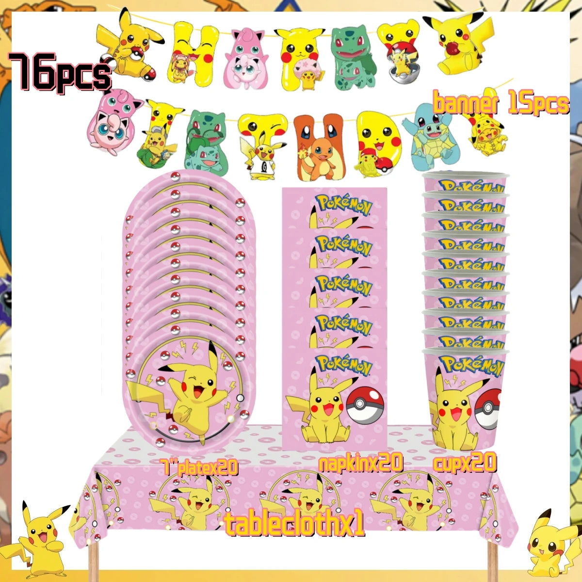 Pink Pokemon Birthday Party Decoration Disposable Tableware Set Pikachu Tablecloth Cup Plate Baby Shower Kids Diy Party Supplies
