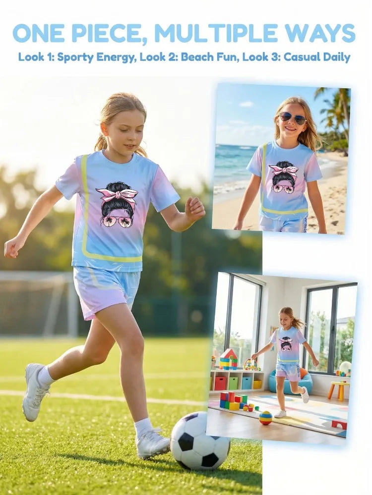 Girls' Sunset Beach 2-Piece Summer Set: Tie-Dye Mesh Tee & Shorts Sport Outfit