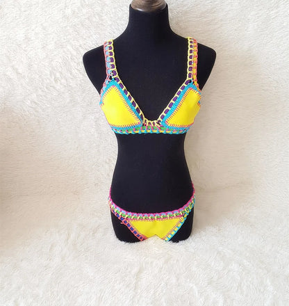 Bikini Crochet 2025 Handmade Knit Patchwork Reversible 2 Piece Swimsuit Women Halter Top Brazilian Bathing Suit Thong Swimwear
