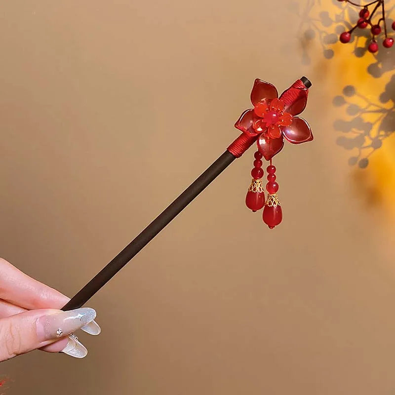 Retro Red Flower Hair Stick.