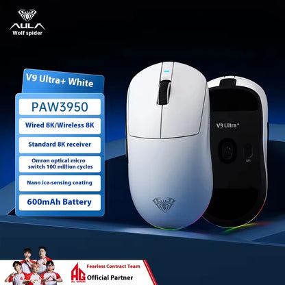 Aula V9 Ultra Wireless E-sports Gaming Mouse Double 8k 3mode PAW 3950 8k 55g Lightweight Ergonomic Mouse Custom PC Accessory