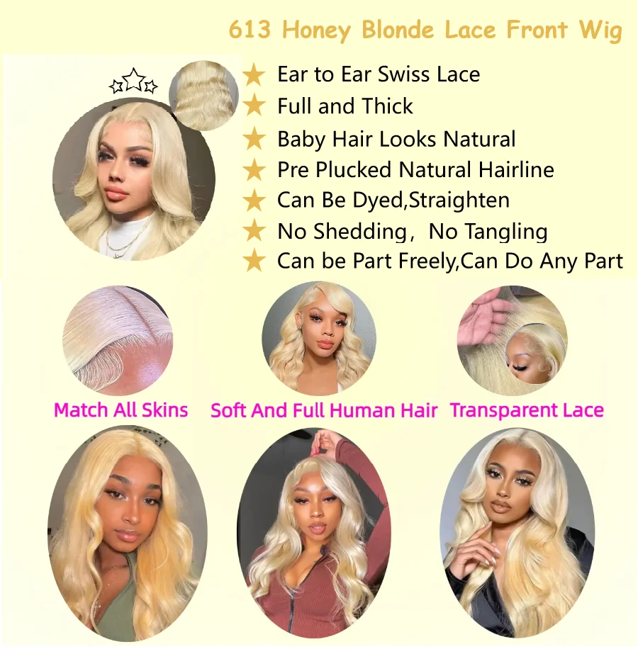 613 Honey Blonde Body Wave Wigs 200 Density 13x6 40inch HD Lace Frontal Wigs for Women