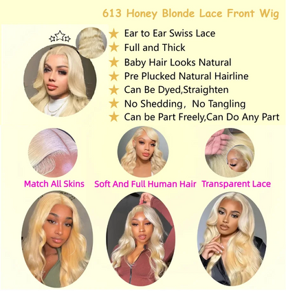 613 Honey Blonde Body Wave Wigs 200 Density 13x6 40inch HD Lace Frontal Wigs for Women