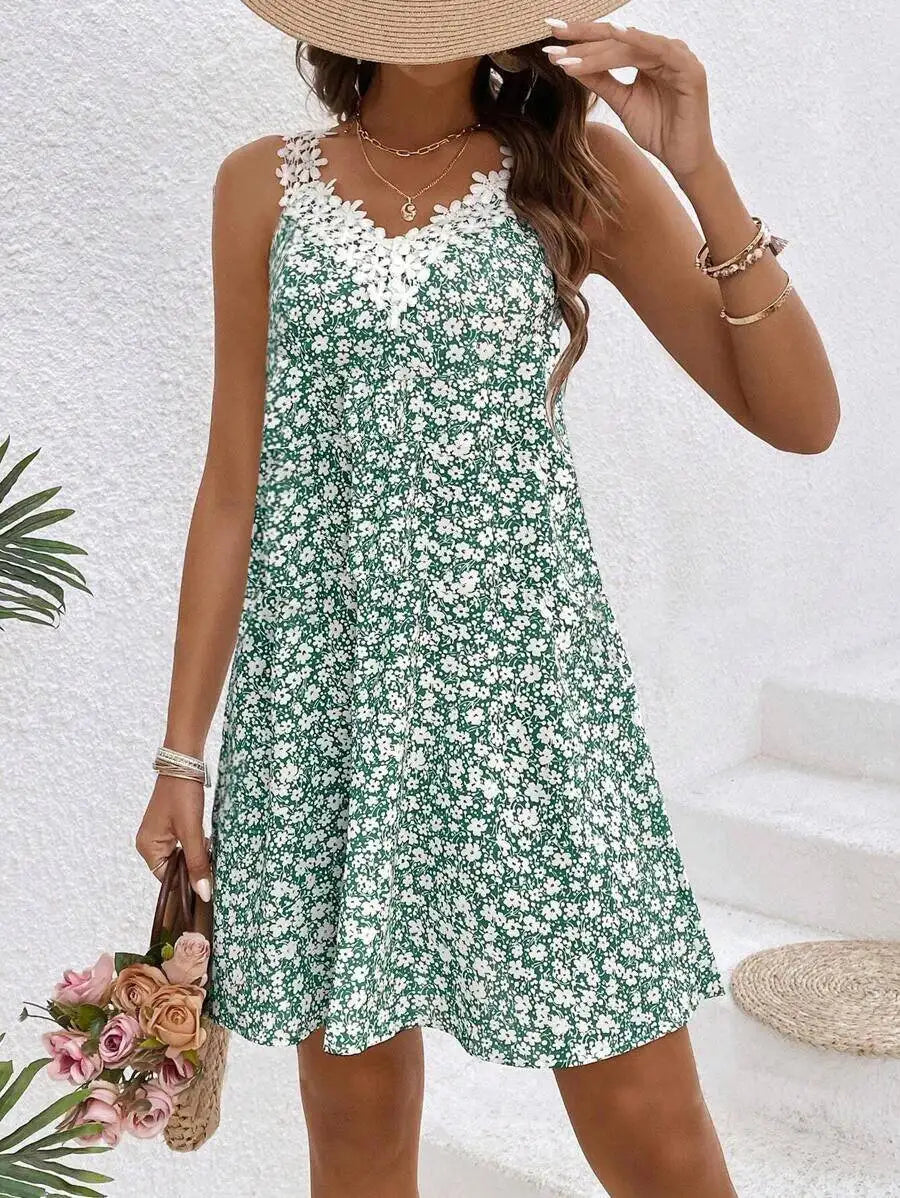 Women Dress Floral Lace Trim Spaghetti Strap A Line Mini Dress Boho Spring Summer Romantic Beach Vacation Flowy Comfy Outfit