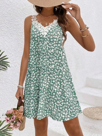 Women Dress Floral Lace Trim Spaghetti Strap A Line Mini Dress Boho Spring Summer Romantic Beach Vacation Flowy Comfy Outfit
