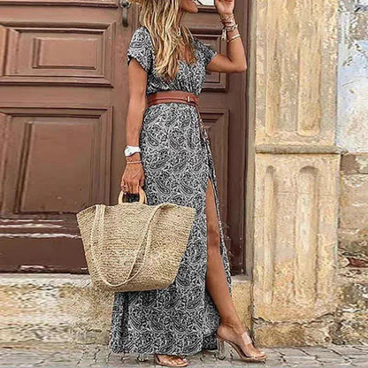 Summer Trend V-Neck Women Retro Vintage Print Slim With Belt Sexy Casual Elegant Holiday Dress High Slit Irregular Midi Dress