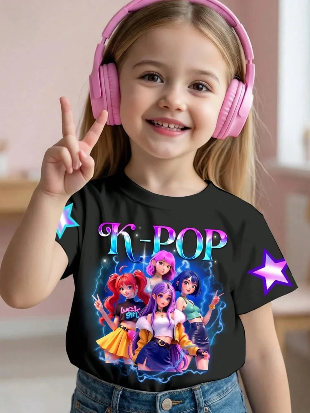 Kpop Cartoon Graphic Girls T-Shirt Casual Round-Neck T-Shirt Suitable for Girls Kids Gift Short Sleeve Tops Children's Clothing