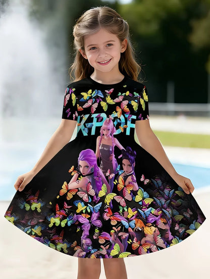 Girls' K-Pop "Anime Star" Summer Dress: Harajuku Style Short Sleeve A-Line Gown
