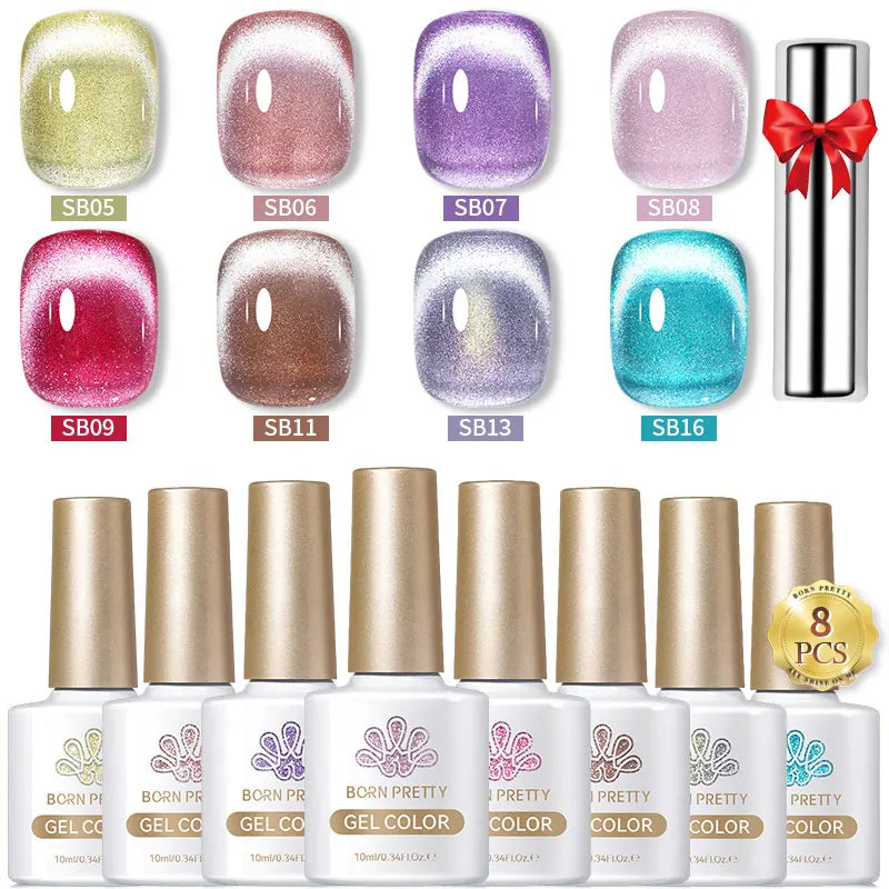 BORN PRETTY 8Pcs Glitter Cat Magnetic Nail Gel Polish Set Moonlight Transparent Summer Semi Permanent UV Gel Soak Off Nail Gel